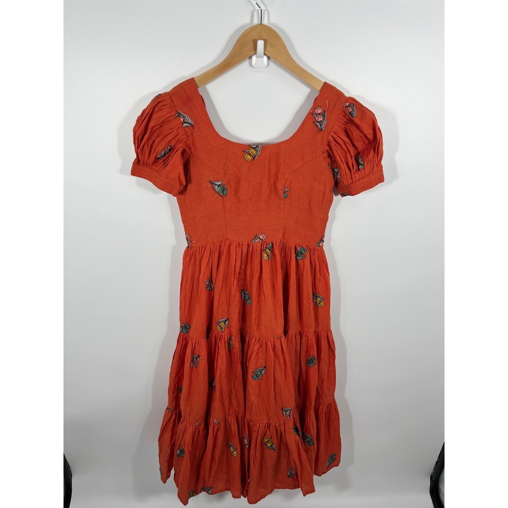 Womens Midi Dress M Orange Embroidered Floral Tiered Wedding Guest Event Modest